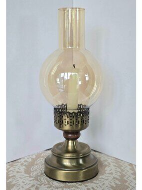 Vintage Brass Hurricane Candle Holder With Amber Glass Globe - Elegant Home Déco